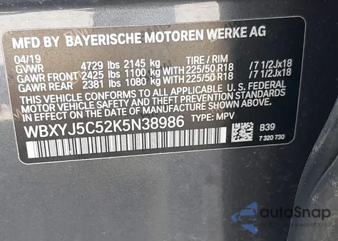 2019 BMW X2 xDrive28I из США, поврежденный, VIN WBXYJ5C52K5N38986